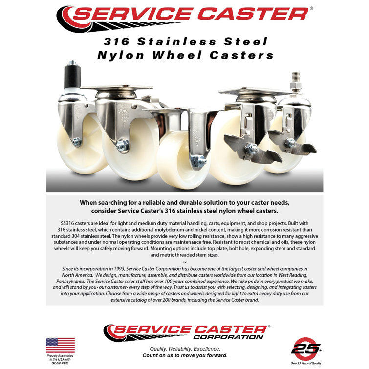 Service Caster 316SS Nylon Wheel Swivel Expanding Stem Caster Set Lock